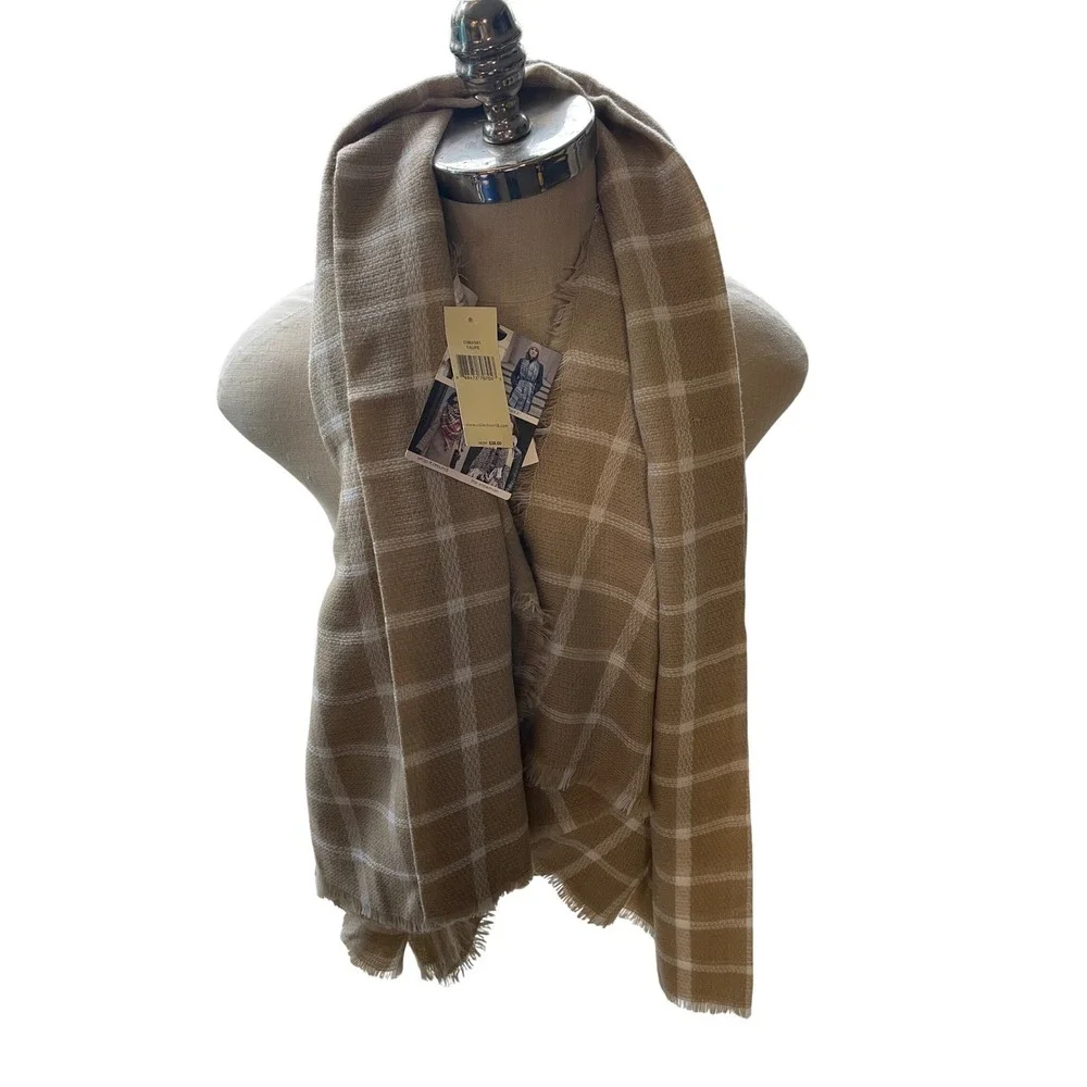 Collection 18 Taupe Plaid Fringe Scarf Acrylic‎ New with Tags MSRP $38